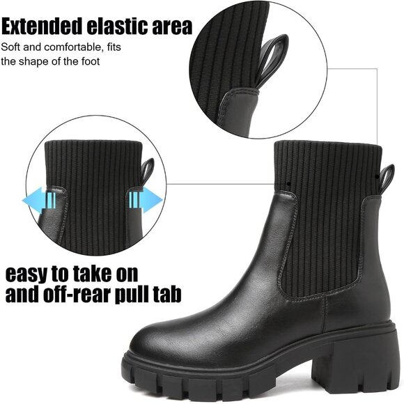 Women's Black Pm Stylish Chunky Elegant Fashionable Breathable Ankle Boots - Picture 6 of 7